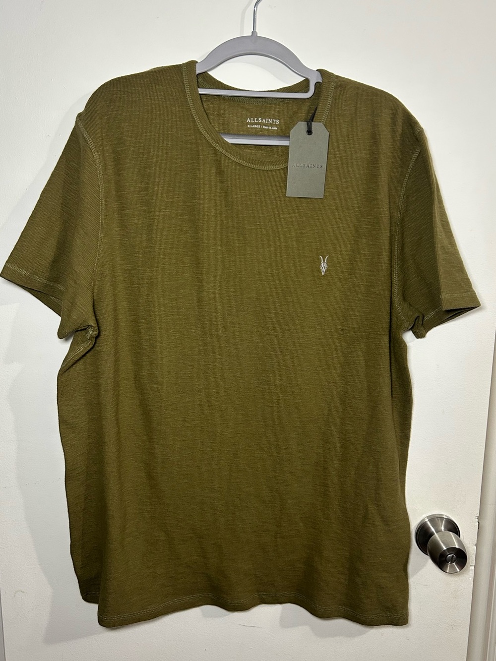 All Saints Seaweed Green Crew Neck Men’s T-Shirt with Embroidered Logo NWT